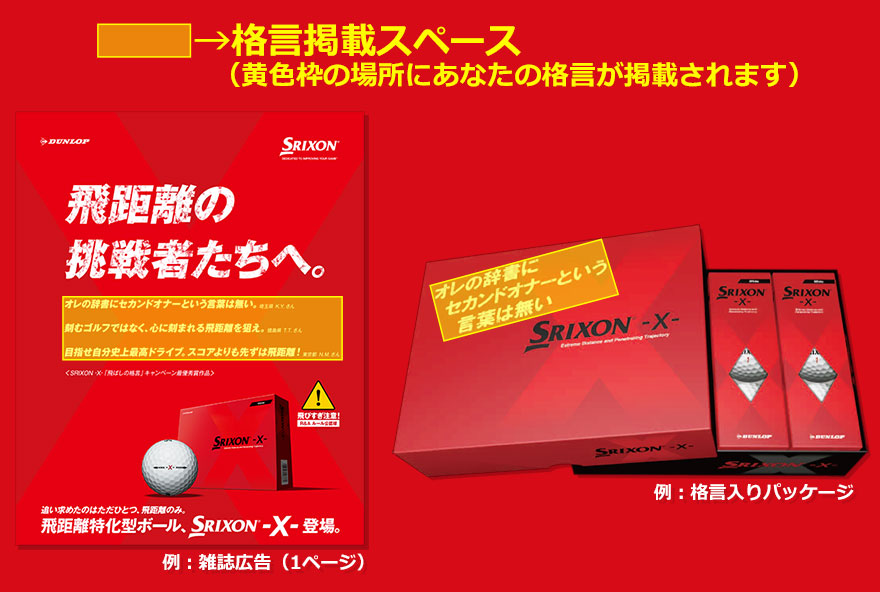 格言掲載スペース （黄色枠の場所にあなたの格言が掲載されます）　例：雑誌広告（1ページ）　例：格言入りパッケージ